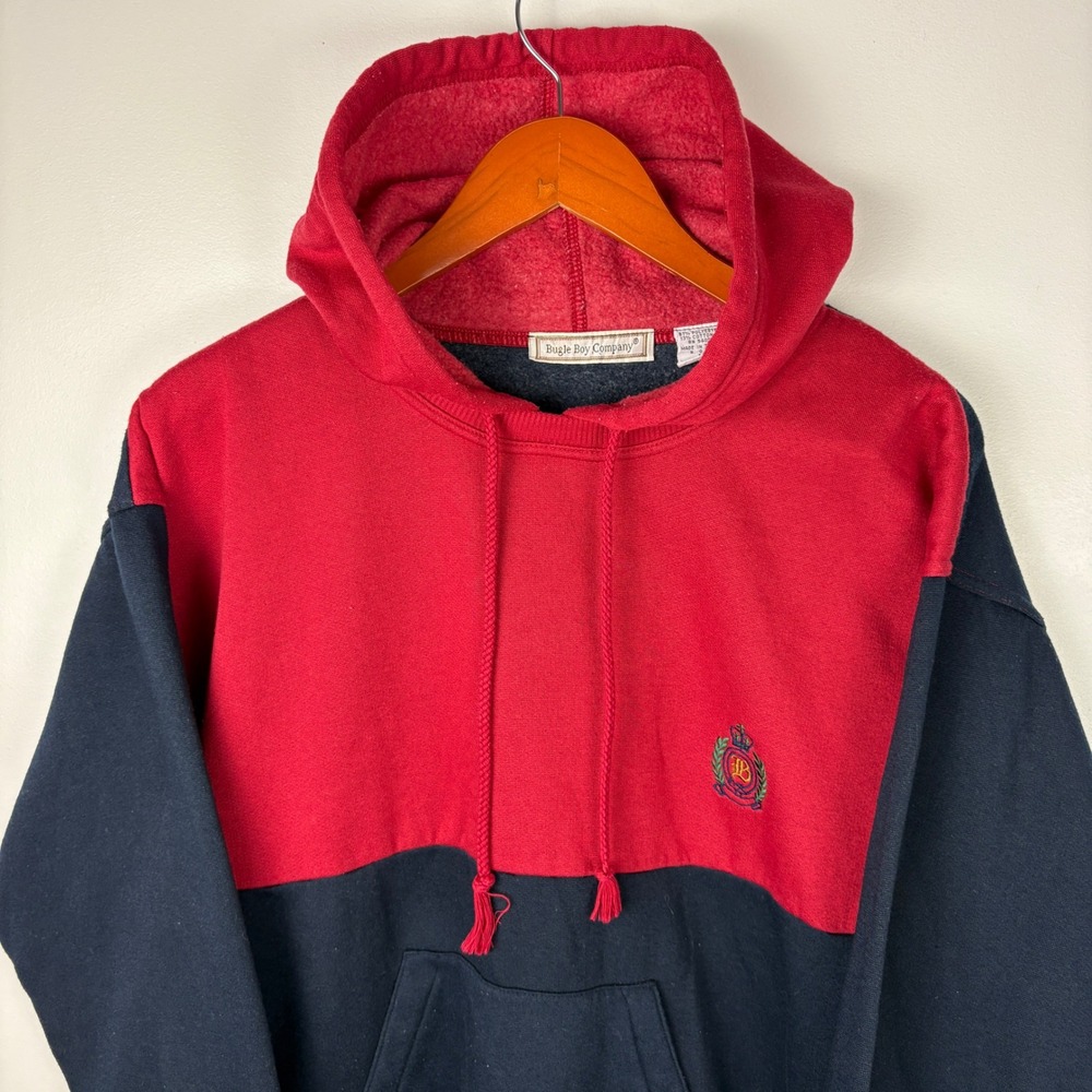 Vintage Bugle Boy Company Hoodie Red Black Color Block Crest Pullover Mens